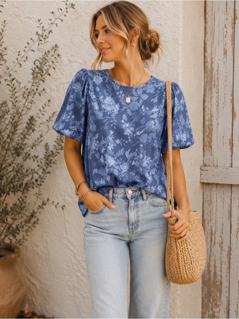 Sugar Lips Blue Floral Puff Sleeve Blouse | Size M | Cottagecore Romantic